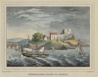 Avaldsnes kyrkje i ruiner. Plansje frå Norsk Prospect-Samling av P.F. Wergmann, utg. 1833–1836.