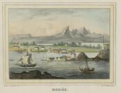 Bodø på 1830-tallet. Illustrasjon hentet fra boka "Norsk Prospect-Samling" av P. F. Wergmann, utgitt av 1833-1836.