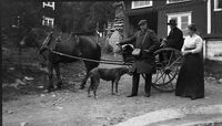 Distriktslege Eilert Støren og hans kone, Thora Støren, på tunet på Nordly i Meldal. En av gårdsguttene i karjolen. Foto er fra begynnelsen av 1900-tallet, fotografen er ukjent.