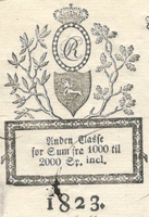 Riksvåpenets skjold under kongemonogram på stemplet papir 1823