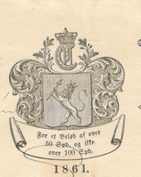 Riksvåpenets skjold i versjonen fra 1844 under kongemonogram på stemplet papir 1861