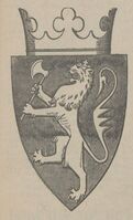 Riksvåpenet fra 1943, vedtatt av Vidkun Quisling. Heraldisk uforming ved W.F.K. Christie, kunstnerisk utføring ved Harald Damsleth.