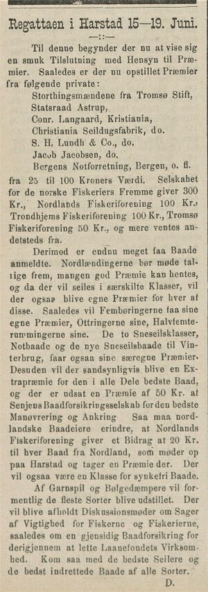 Notis fra Harstadregattaen 1891 i Tromsø Stiftstidende 24.05.1891.jpg