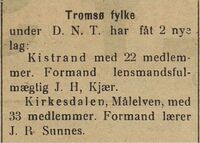 28. mai 1910 meldte Nordlys at Tromsø fylke hadde fått lag både i Kistrand i Porsanger og i Kirkesdalen i Målselv.