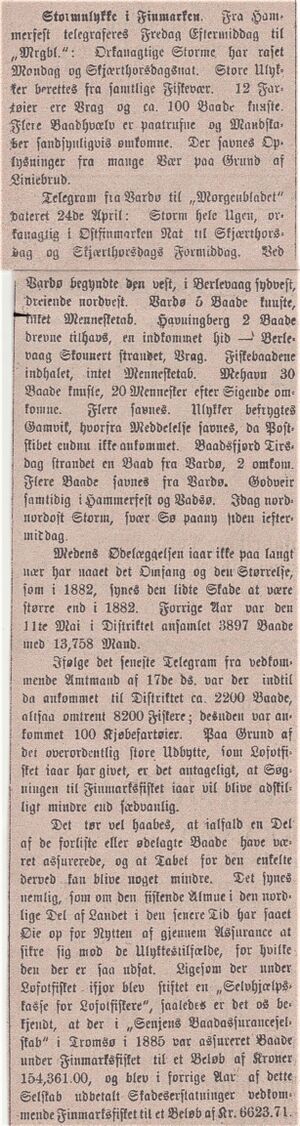 Notis i Nordtrønderen om uvær under vårtorskefisket 30.04.1886.jpg