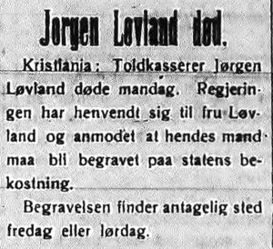 Notis om Jørgen Løvlands død i Folkeviljen 24.8.1922.jpg