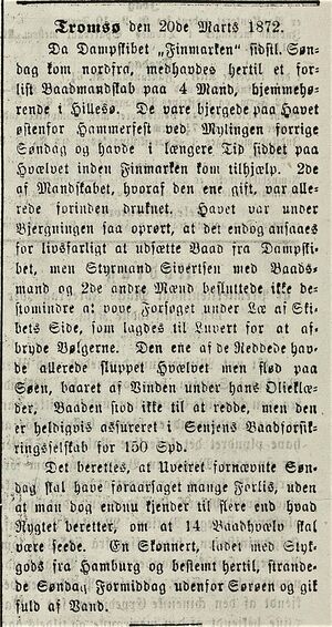 Notis om berget båtmannskap fra Hillesøy i Tromsø Stiftstidende 21.03.1872.jpg