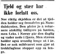 14. Notis om fuglers trekk i Namdal Arbeiderblad 28.10.1950.jpg