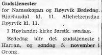 5. Notis om gudstjenester for Namsskogan, Røyrvik, Høylandet, Harran og Grong i Namdal Arbeiderblad 28. 10.1950.jpg