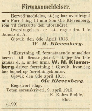 Ole Klevenberg Norsk Kundgjørelsestidende 13 4 1915 s 2.PNG