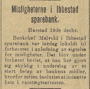 Om mislighetene i Ibestad Sparebank i avisa Bergens Tidende 20.12.1920.jpg