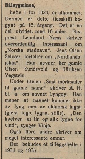 Omtale av Håløygminne i Brønnøysund avis 28.03. 1934.jpg