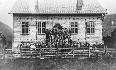 Stor folkemengde ståande opp langs og på sidane av trappa til eit skulehus.