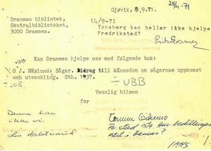 8. september 1971 bestilte Torunn Eikemo en bok av O.J. Näslund, Sågar. Bestillinga ble sendt på postkort til Drammen folkebibliotek.