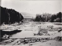Sommerbilde fra Oset, tatt fra Skotselv Cellulosefabrik mot jernbanebrua.
