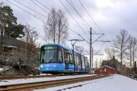 Sporvogn på Ekebergbanen like sør for Bråten. Foto: Leif-Harald Ruud (2025).