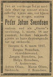Dødsannonse over andremaskinist Peder Johan Svendsen, Bergens Tidende 8. mars 1917.