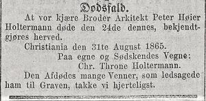 Peter Høier Holtermann dødsannonse 1865.jpg