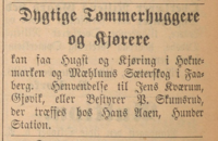 Peter Larsen Skumsrud averterer etter «Dyktige Tømmerhuggere og Kjørere». Annonse i Gudbrandsdølen 20. september 1898.