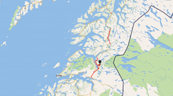 Kart hvor rød strek markerer de delene av Nord-Norge banen/Polarbanen hvor tyskerne utførte anleggsarbeid under andre verdenskrig nord for Fauske.