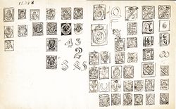 Originaltegning av arkitekt Wilhelm von Hannos (1826-1882) utkast til de første posthornfrimerkene. Det som ble valgt, er nr. 51, rett ved det store 8-tallet.