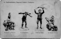 Postkort med trefigurar, skorne av Einbu