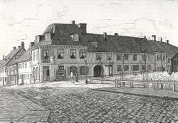 Prinsens gate 26, «Brevikgaarden» før den ble revet i 1880 til fordelt for Schiøllgården.