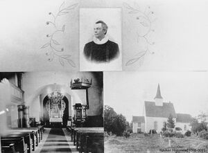 Røyken kirke Eksteriør, interiør og sogneprest Jens Frølich Tandberg som virket her fra 1898 til 1903. Postkort.(Foto/montasje Johan K A Foss / Røyken Historielag)