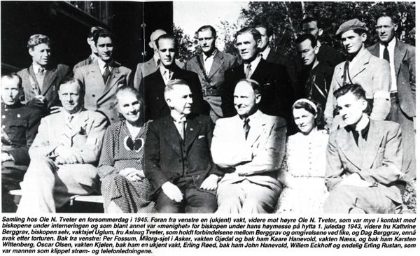 Berggrav med vakter og Milorg-gutter samlet hos Tveter på Vesleborgen der flukten ble planlagt. Bildet er tatt på forsommeren 1945.