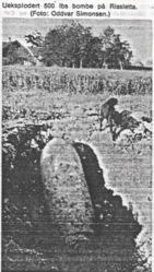 Bombe på 500 lbs funnet på Riis etter det amerikanske angrepet 18.11.1943.