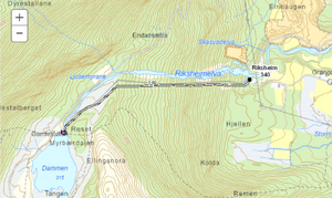 Kart med inntegnet symbol for rørgate ned til kraftverk