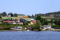 Bebyggelse på Jessnes i Ringsaker sett fra Mjøsa. Foto: Leif-Harald Ruud (2025).
