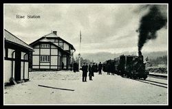 Rise stasjon med åpningstoget på Grimstadbanen 1907. Postkort.