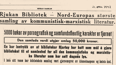 Oppslag i Rjukan Dagblad etter rassiaen ved biblioteket i april 1942