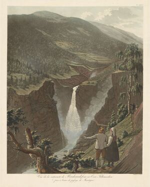 Rjukanfossen øverst i Vestfjorddalen ca 1820. Illustrasjon av Wilhelm Maximilian Carpelan