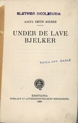 Boka Under de lave bjelker av Aasta Smith Rieber, utgitt 1909. Stemplene viser at den fulgte med i flyttinga fra Eidsberg til Toten. Foto: Audbjørn Rønning/Mjøsmuseet