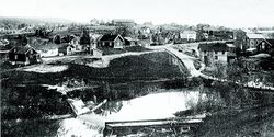 Ryendammen med Sagdalen og Nordre Stasberg gård på toppen. Omkring 1910.