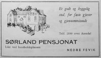 1953: Annonse for Sørland pensjonat i Fevik vels turistbrosjyre.
