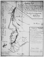 Kart over Mesnaelvens utløp og nærliggende bygninger fra 1806.