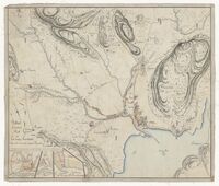 Militært situasjonskart over havna i Sandefjord med de nærmeste omliggende gårdene. Håndtegnet kart fra 1801.