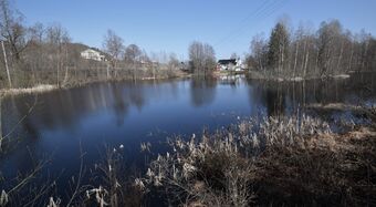 I bakgrunnen sees Nærsnes Kirke. Foran kirken Breidablikk, det som tidligere var gården Nærsnes Nordre. Det gamle bildet med isskjæreren på Schwartzedammen ble att i samme retning som dette bildet. (Foto Victor Iversen 2020)