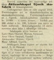 Fra Norsk Kundgjørelsestidende i forbindelse med stiftelsen, 1916.