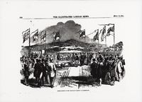 Seremoni ved grunnstensnedleggelsen for Hovedbanen på Grunningen i Christiania 1851.Kilde: Jernbanemuseet