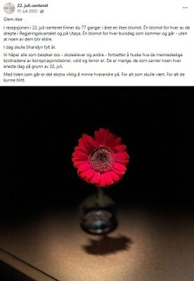 22. juli-senterets bursdagsblomst til Sharidyn Meegan Ngahiwi Svebakk-Bøhn, 17. juli 2022. Skjermdump 22. juli-senterets Facebookside (2022).