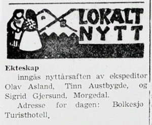 Sigrid Gjersund Asland Ekteskapsannonse Sigrid Gjersund og Olav Asland Rjukan Arbeiderblad, onsdag 30. desember 1959, s. 2.png
