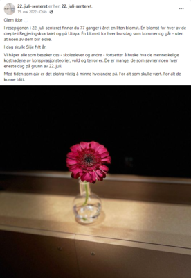 Skjermdump 22. juli-senterets Facebookside (2022).