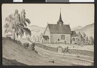 Seljord kyrkje teikna av Andreas Wulfsberg Grøtting, 1847.