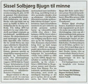 Sissel Solbjørg Bjugn Nekrolog av Guri Vesaas m.fl. Dagsavisen, 21.07.2011, s. 41.PNG