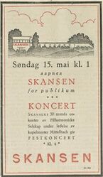 Faksimile Arbeiderbladet 14. mai 1927: Annonse for åpningen av Skansen for publikum 15. mai 1927.