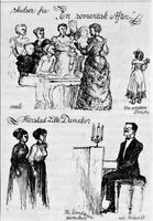 «Skidser fra en romantisk aften» med Harstad lille Damekor - tegnet av Kari Rolfsen. Utlånt av Sør-Troms museum.